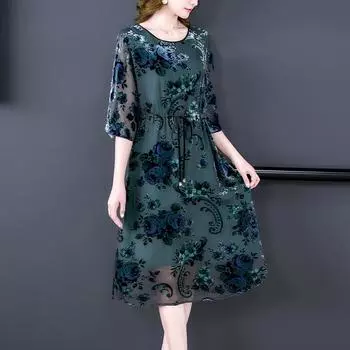 Женское платье из флокированного жаккарда - Мода Весна/Лето 2025: Свободная кружевная юбка средней длины с круглым вырезом 2XL