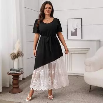 Женское платье из французского кружева в стиле пэчворк со шнуровкой, свободное утягивающее платье 1XL чёрный