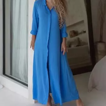 Женское платье из хлопка и льна, рубашка, длинные платья, модное повседневное платье-кардиган с длинными рукавами S чёрный