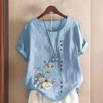 Женское платье из хлопка и льна с принтом в стиле ретро, с короткими рукавами (Большие размеры) - 2025 L