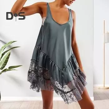 Женское платье из прозрачного кружева в стиле пэчворк с U-образным вырезом, плиссированное, с цветочной вышивкой, свободное, без рукавов, однотонное женское платье-жилет S серый