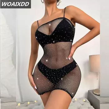 Женское платье из прозрачной сетки, сексуальное нижнее белье, платье-труба, черное ажурное экзотическое мини-платье для вечеринки и клуба с бриллиантами XXS