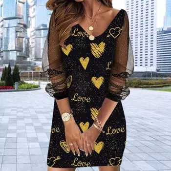 Женское платье из прозрачной сетки в стиле пэчворк плюс размер трапециевидной формы с V-образным вырезом и блестящими пайетками, свободное мини-платье длиной выше колена с длинным рукавом и буквенным принтом M белый