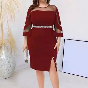 Женское платье из прозрачной сетки в стиле пэчворк с разрезом по краю, облегающее платье с рукавами три четверти, блестящие L вино красного