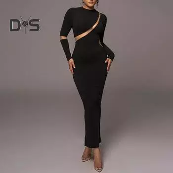 Женское платье из прозрачной сетки в стиле пэчворк, облегающее платье с разрезом, длинным рукавом, круглым вырезом, однотонное эластичное, с вырезом, длиной до щиколотки, вечернее, выпускное, макси-платье M белый