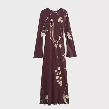 Женское платье из шелкового атласа с круглым вырезом и принтом в европейском и американском стиле с рукавами-трубами Small