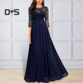 Женское платье из шифона, прозрачное кружево, пэчворк, круглый вырез, длинные рукава, вечернее платье, узкое, с талией, А-силуэта, плиссированное, выпускное платье S чёрный