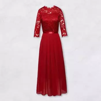 Женское платье из шифона, прозрачное кружево, пэчворк, круглый вырез, длинные рукава, вечернее платье, облегающее S вино красного