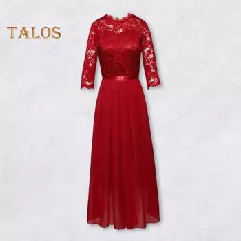 Женское платье из шифона, прозрачное кружево, пэчворк, круглый вырез, длинные рукава, вечернее платье, узкое, с талией, А-силуэта, плиссированное, выпускное платье S чёрный