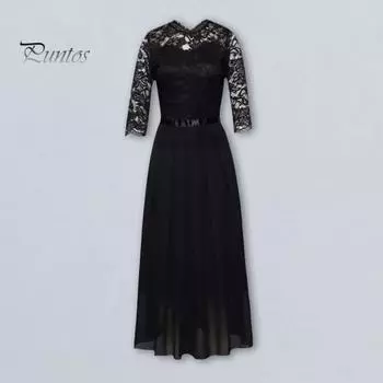 Женское платье из шифона, прозрачное кружево, пэчворк, круглый вырез, длинные рукава, вечернее платье, узкое, с талией, А-силуэта, плиссированное, выпускное платье S синий