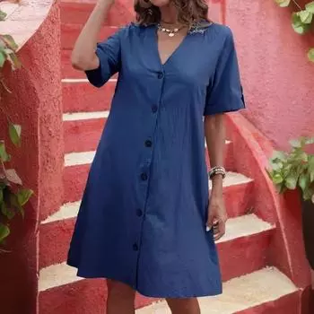 Женское платье из стираного хлопка с коротким рукавом, платья средней и длинной длины, однобортное, с V-образным вырезом, свободное, однотонное, А-силуэтное платье EU S чёрный