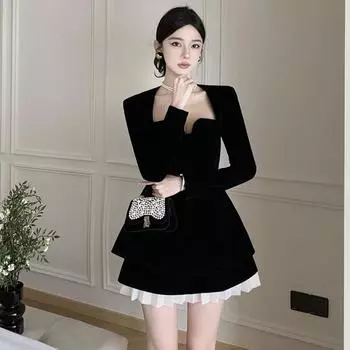 Женское платье из тонкого бархата с французским квадратным воротником и талией в форме буквы А S чёрный