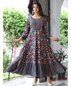 Женское платье из вискозы с принтом Anarkali, вечернее платье, топ-туника, платье-курти в стиле Болливуда M синий