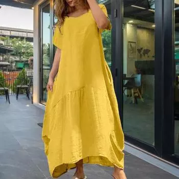 Женское платье Элегантное красивое женское платье Свободное платье с круглыми рукавами Летнее короткое однотонное платье с круглым вырезом и подолом Повседневная одежда 2XL чёрный