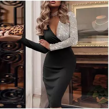 Женское платье Элегантное лоскутное облегающее платье с глубоким V-образным вырезом и длинными рукавами и пайетками S серебряный