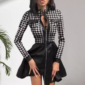 Женское платье Элегантное платье из искусственной кожи Удобное стильное платье трапециевидной формы в клетку с принтом для повседневной носки S черный белый