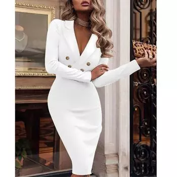 Женское платье Элегантное платье с пуговицами, глубоким V-образным вырезом, длинными рукавами, облегающее платье миди S белый