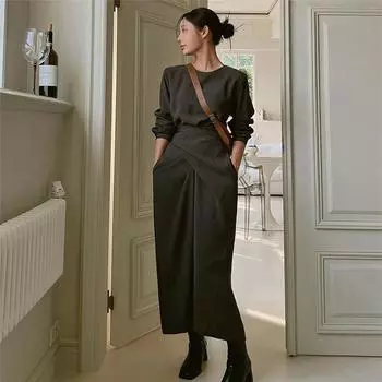 Женское платье Johnature на весну и лето с нерегулярной талией, пуловер в Корейском стиле, простые повседневные платья S серый