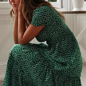 Женское платье-кафтан-миди в стиле бохо с цветочным принтом, женское праздничное пляжное платье-качели, сарафан XL зелёный