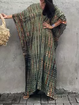 Женское платье-кафтан в стиле бохо, большого размера с V-образным вырезом и принтом тай-дай, свободного кроя, пляжное платье-кафтан Vacay One-size армия зеленый