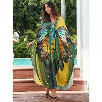 Женское платье-кафтан в стиле бохо большого размера с контрастным принтом свободного кроя Vacay Beach One Size
