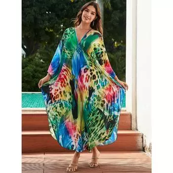 Женское платье-кафтан в стиле бохо большого размера с контрастным принтом свободного кроя Vacay Beach One Size