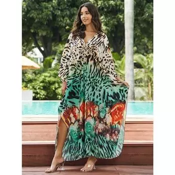 Женское платье-кафтан в стиле бохо большого размера с контрастным принтом свободного кроя Vacay Beach One Size