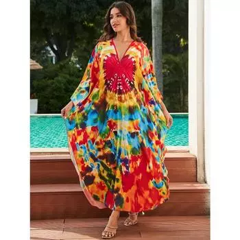 Женское платье-кафтан в стиле бохо большого размера с контрастным принтом свободного кроя Vacay Beach One Size