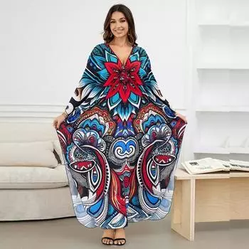 Женское платье-кафтан в стиле бохо большого размера с контрастным принтом свободного кроя Vacay Beach One Size
