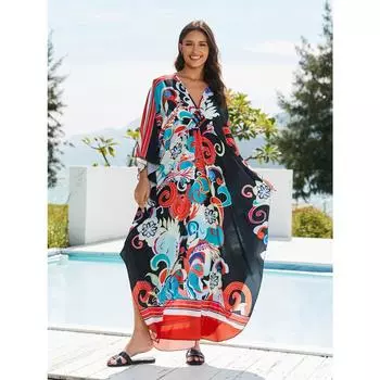 Женское платье-кафтан в стиле бохо большого размера с контрастным принтом свободного кроя Vacay Beach One Size
