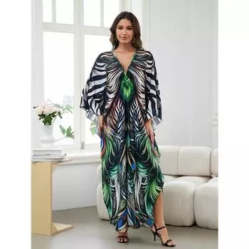 Женское платье-кафтан в стиле бохо большого размера с контрастным принтом свободного кроя Vacay Beach One Size