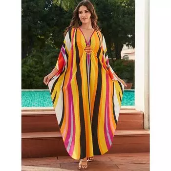 Женское платье-кафтан в стиле бохо большого размера с контрастным принтом свободного кроя Vacay Beach One Size