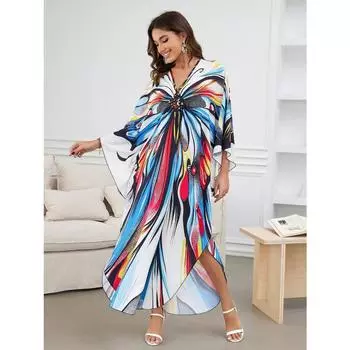 Женское платье-кафтан в стиле бохо большого размера с контрастным принтом свободного кроя Vacay Beach One Size