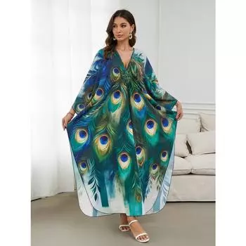 Женское платье-кафтан в стиле бохо большого размера с контрастным принтом свободного кроя Vacay Beach One Size