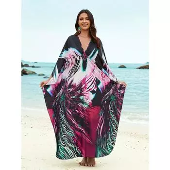 Женское платье-кафтан в стиле бохо большого размера с контрастным принтом свободного кроя Vacay Beach One Size