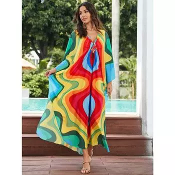 Женское платье-кафтан в стиле бохо большого размера с контрастным принтом свободного кроя Vacay Beach average size