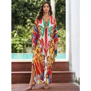 Женское платье-кафтан в стиле бохо большого размера с контрастным принтом свободного кроя Vacay Beach One Size