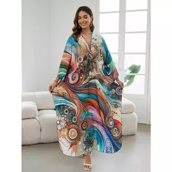 Женское платье-кафтан в стиле бохо большого размера с контрастным принтом свободного кроя Vacay Beach One Size