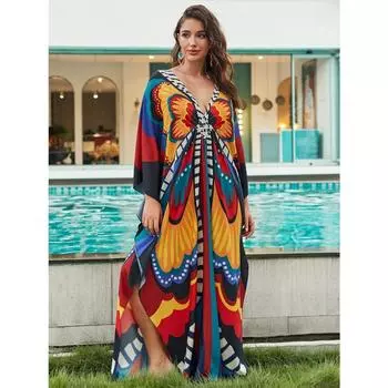 Женское платье-кафтан в стиле бохо большого размера с контрастным принтом свободного кроя Vacay Beach average size