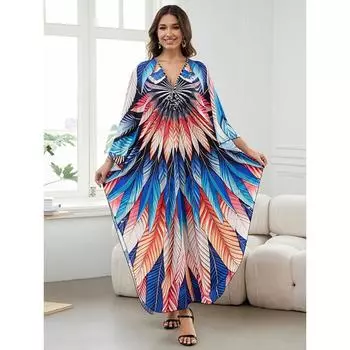 Женское платье-кафтан в стиле бохо большого размера с контрастным принтом свободного кроя Vacay Beach One Size