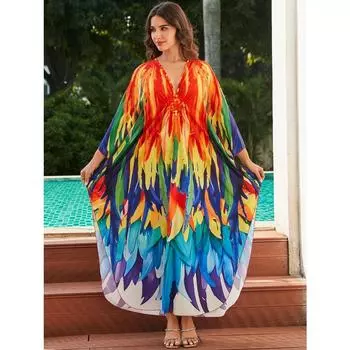 Женское платье-кафтан в стиле бохо большого размера с контрастным принтом свободного кроя Vacay Beach One Size
