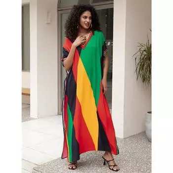 Женское платье-кафтан в стиле бохо, большого размера с V-образным вырезом и контрастным цветом, свободного кроя, пляжное платье-кафтан Vacay One-size разноцветный