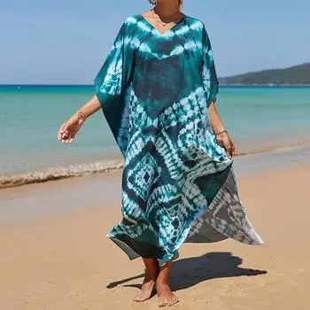 Женское платье-кафтан в стиле бохо большого размера с контрастным принтом свободного кроя Vacay Beach One Size