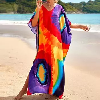 Женское платье-кафтан в стиле бохо большого размера с контрастным принтом свободного кроя Vacay Beach One Size