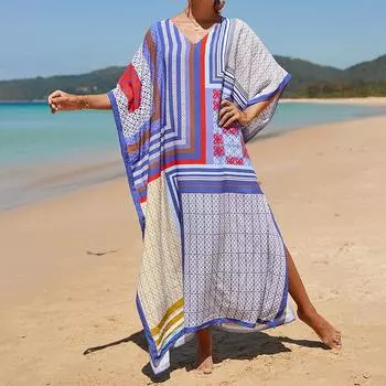 Женское платье-кафтан в стиле бохо большого размера с контрастным принтом свободного кроя Vacay Beach One Size