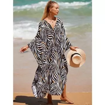 Женское платье-кафтан в стиле бохо большого размера с контрастным принтом свободного кроя Vacay Beach One Size