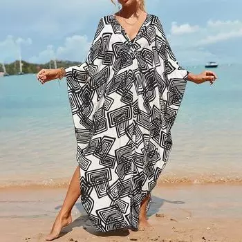 Женское платье-кафтан в стиле бохо большого размера с контрастным принтом свободного кроя Vacay Beach One Size