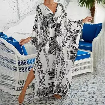 Женское платье-кафтан в стиле бохо большого размера с контрастным принтом свободного кроя Vacay Beach One Size