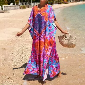 Женское платье-кафтан в стиле бохо большого размера с контрастным принтом свободного кроя Vacay Beach One Size