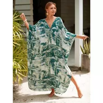 Женское платье-кафтан в стиле бохо большого размера с контрастным принтом свободного кроя Vacay Beach One Size
